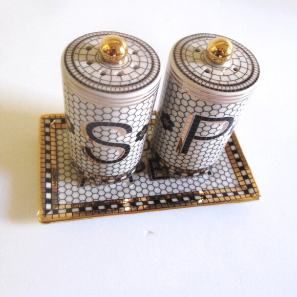 Anthropologie Bistro Tile Stoneware Salt Pepper Shaker Set 3 Pcs Mosaic New - Picture 5 of 5